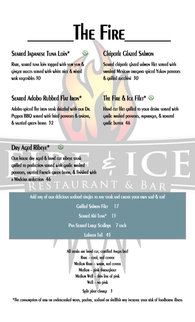 Menu Fire & Ice Restaurant and Bar